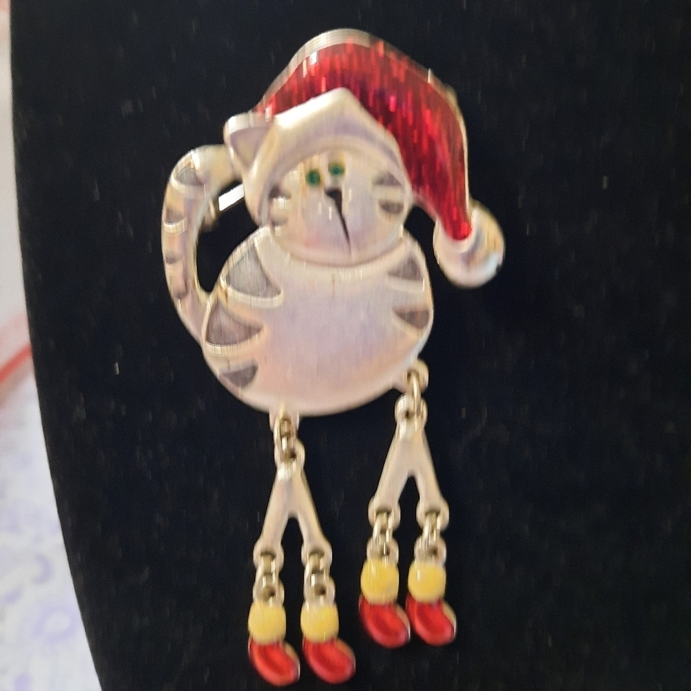 Vintage Christmas Cat Brooch with Santa Hat Dangling Legs